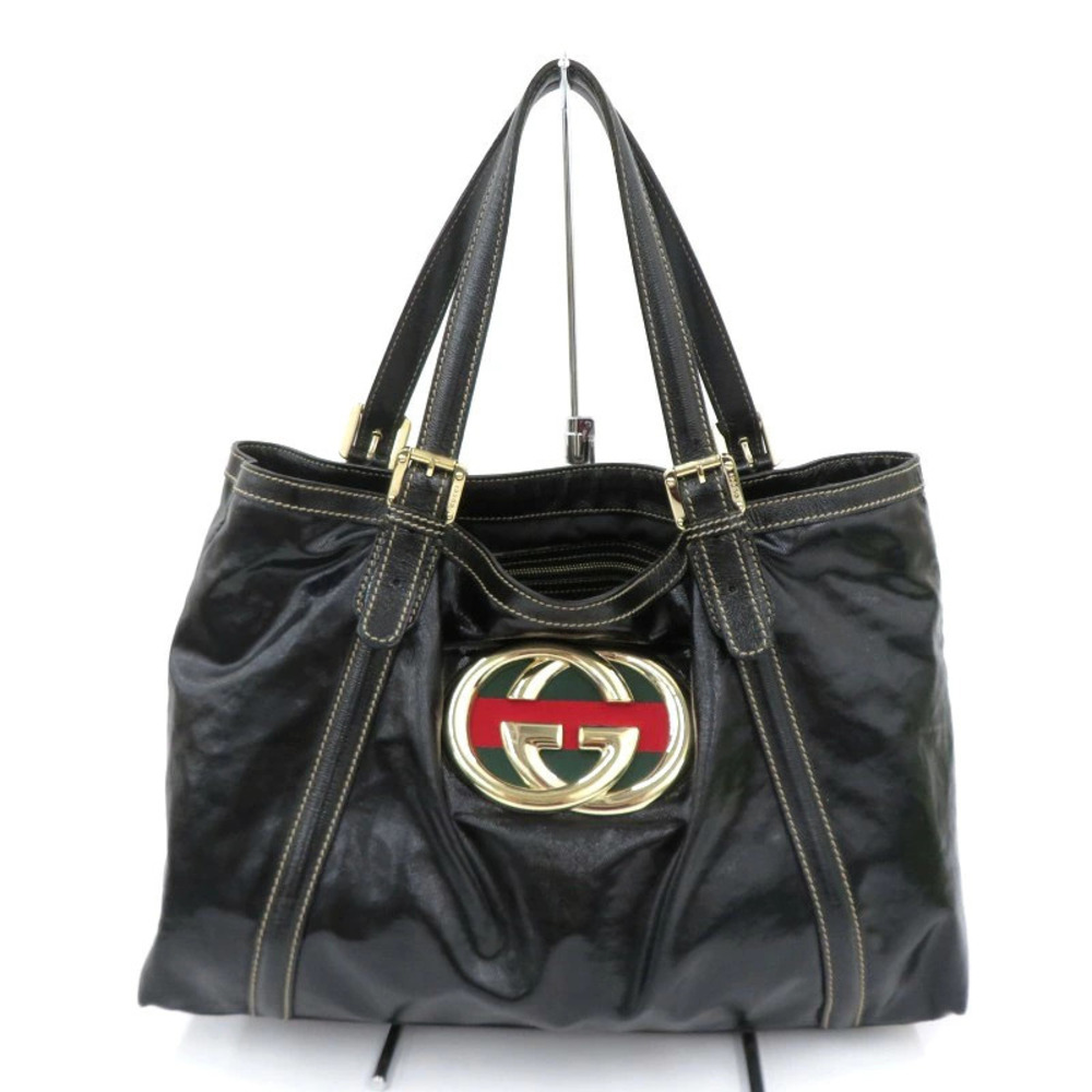 Gucci logo Bag Dialux stripe glossy interlocking Tote Britt GG Web black